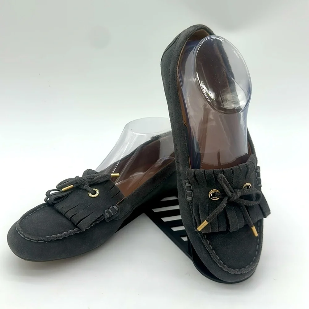Lands End Women's Moccasin Gray Suede Fringe Slip On Loafers Size 7.0 B